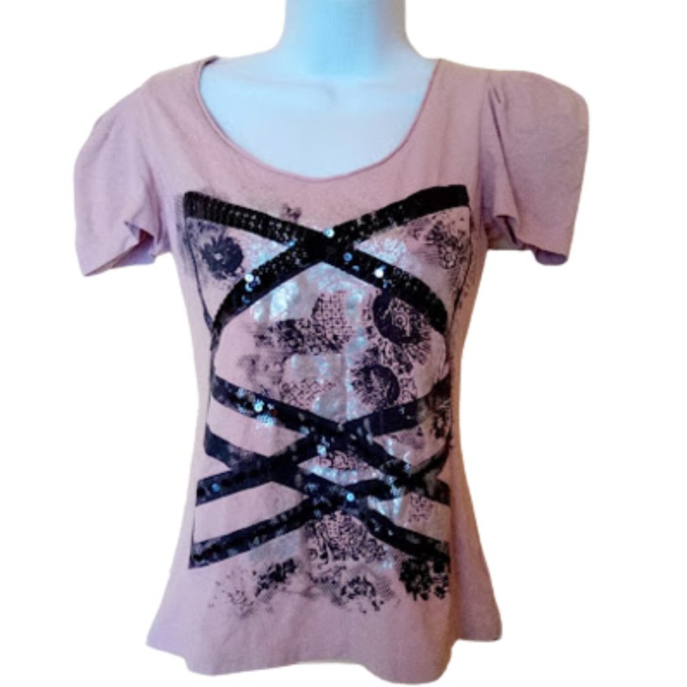 ---  Pink Cotton Top with Black Sequins Size Large